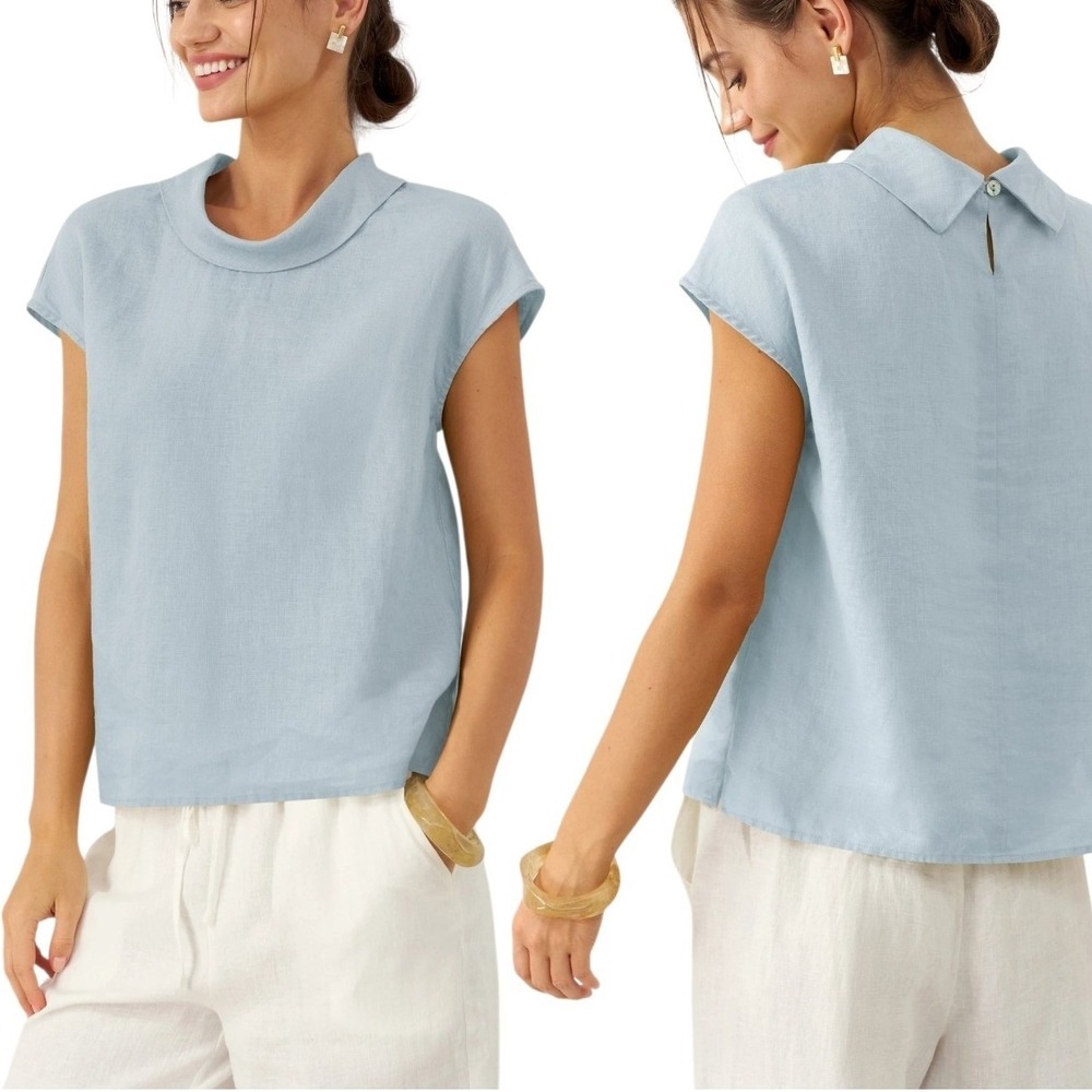Lintico Light Blue Ynonne Linen Cap Sleeve Soft-Fold Collar Top XL Quiet Luxury